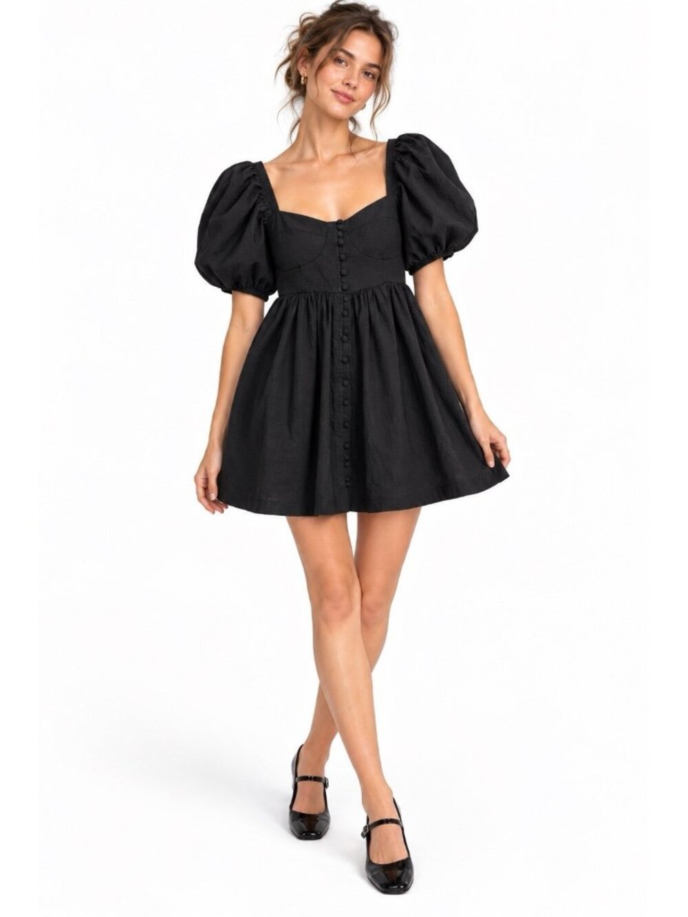 Anthropologie Maeve Puff-Sleeved Sweetheart Mini Dress LARGE Black Babydoll
